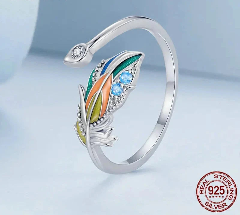 925 Sterling Silver Colorful Enamel Peacock Feather Opening Ring Pave Setting CZ Adjustable Ring for Women Fine Jewelry