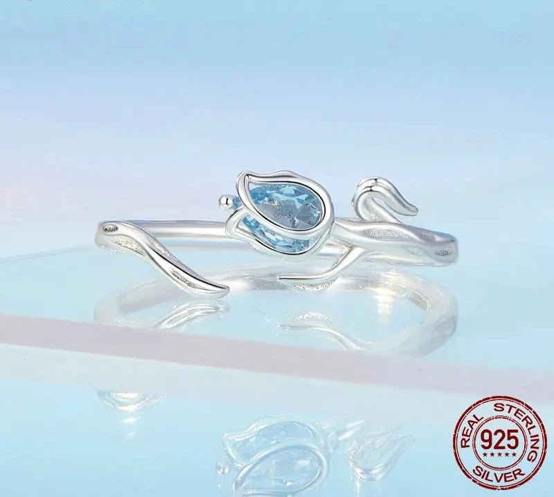 925 Sterling Silver Blue Tulip Opening Ring Flower & Vine Adjustable Ring for Women Romantic Fine Jewelry BSR465