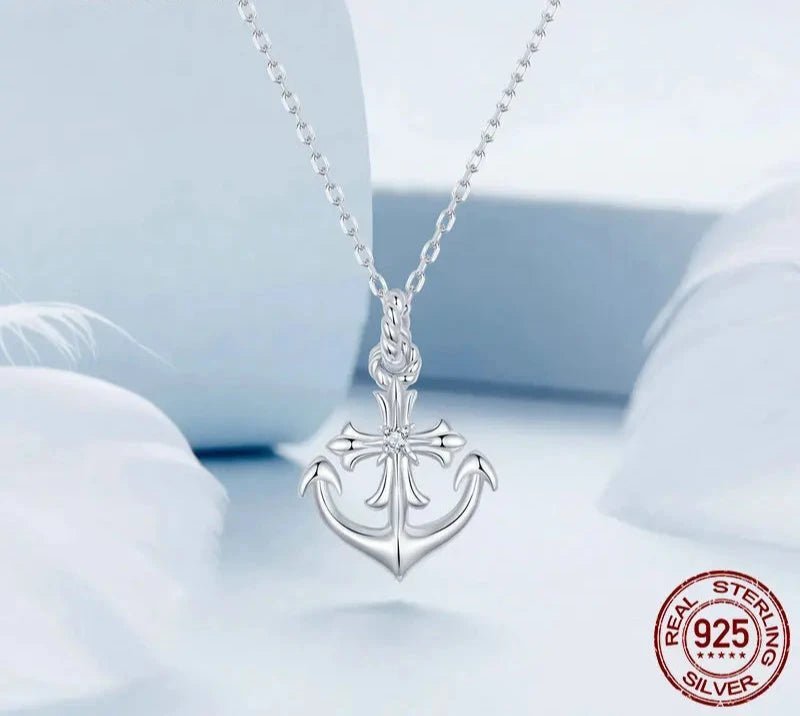 925 Sterling Silver Anchor Necklace, White Gold Plated Classic Necklace with Cubic Zirconia Jewelry Gift for Women BSN393