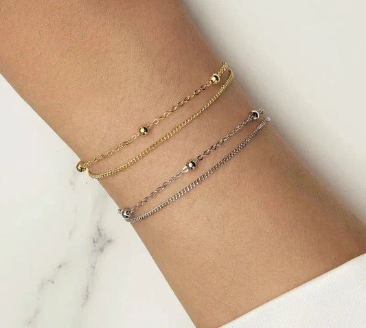 925 Silver Chain Bracelet Double Layers Round Beads Link Chain Adjustable 14K Gold Plated