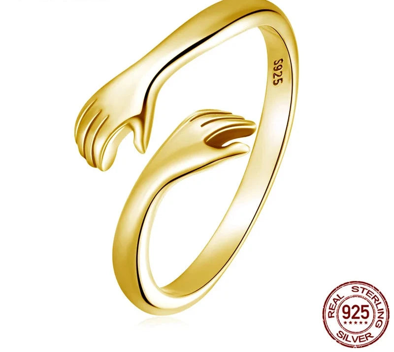 925 Sterling Silver Embrace Ring Hug Warmth and Love Women 18 K Metal Texture Gold Adjustable Ring