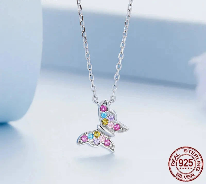 925 Sterling Silver Colorful Butterfly Necklace for Women Rainbow Gemstone Butterfly Link Chain Party Gift Jewelry BSN261