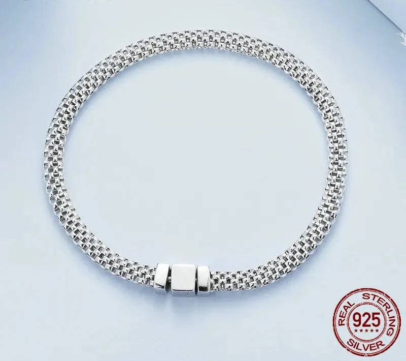 925 Sterling Silver Classic Square Buckle Bracelet Retro Braided Silver Chain Link for Women Platinum Plated Fine Jewelry