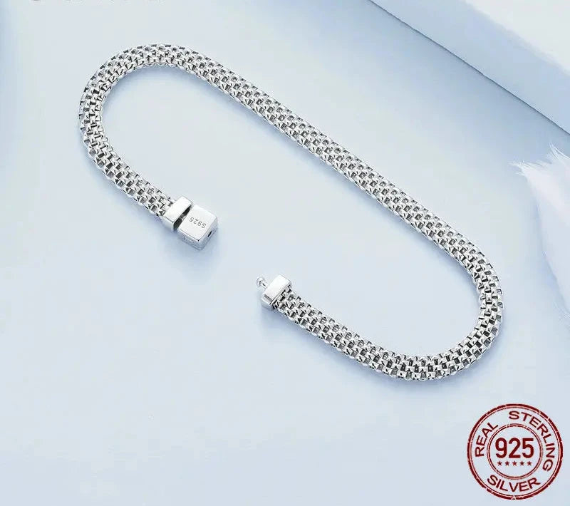 925 Sterling Silver Classic Square Buckle Bracelet Retro Braided Silver Chain Link for Women Platinum Plated Fine Jewelry